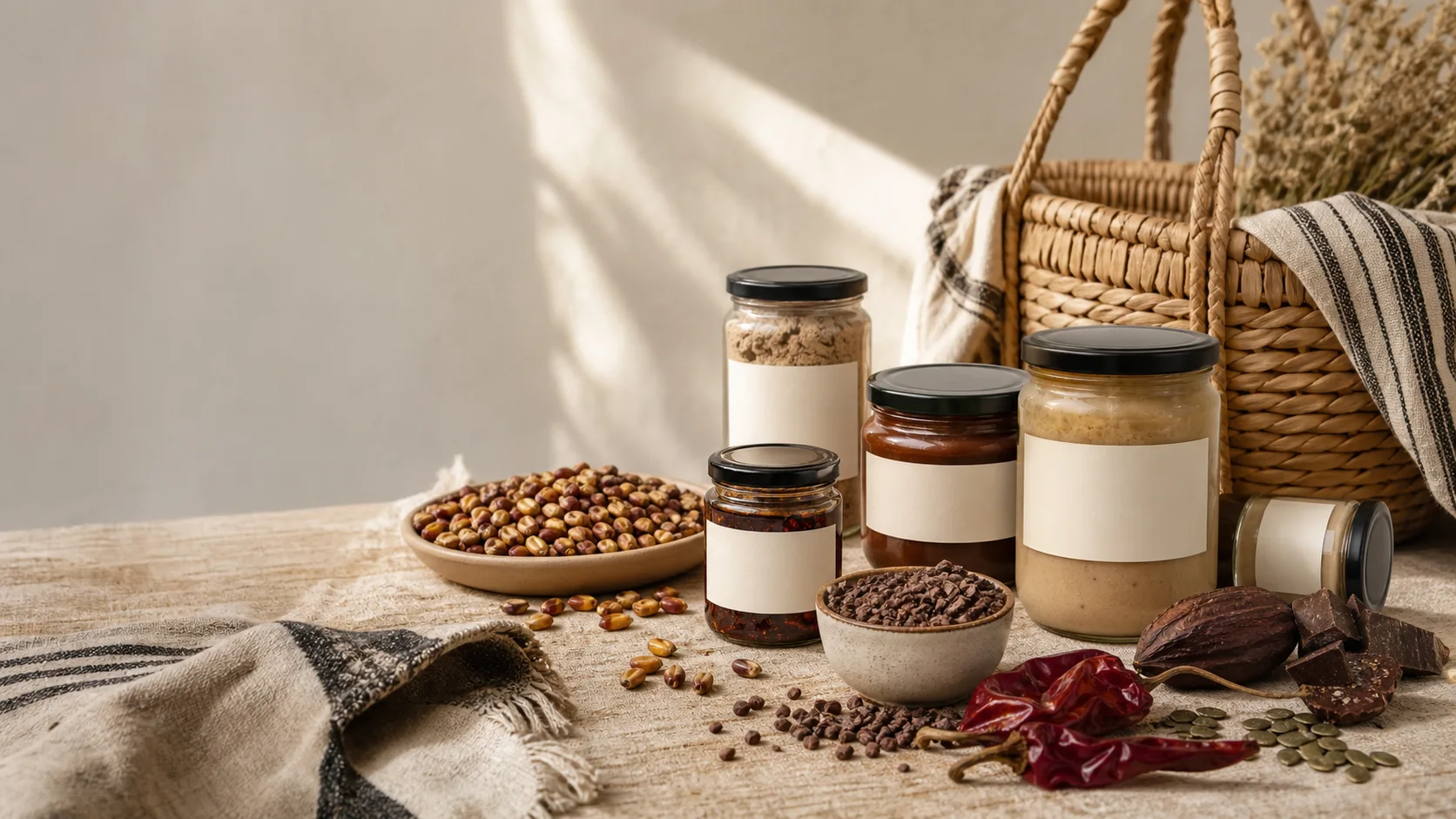 Productos artesanales mexicanos junto a un banasto tejido